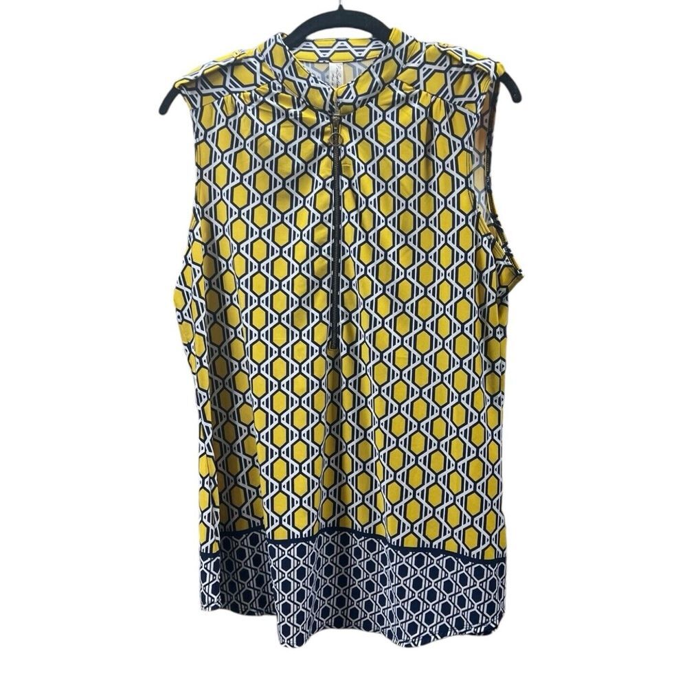 Perseption Concept Geometric Print Sleeveless Quarter Zip Jersey Blouse Size XL